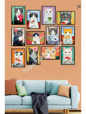 12 PARÇA SEVİMLİ KEDİCİKLER DUVAR TABLO TAKIMI